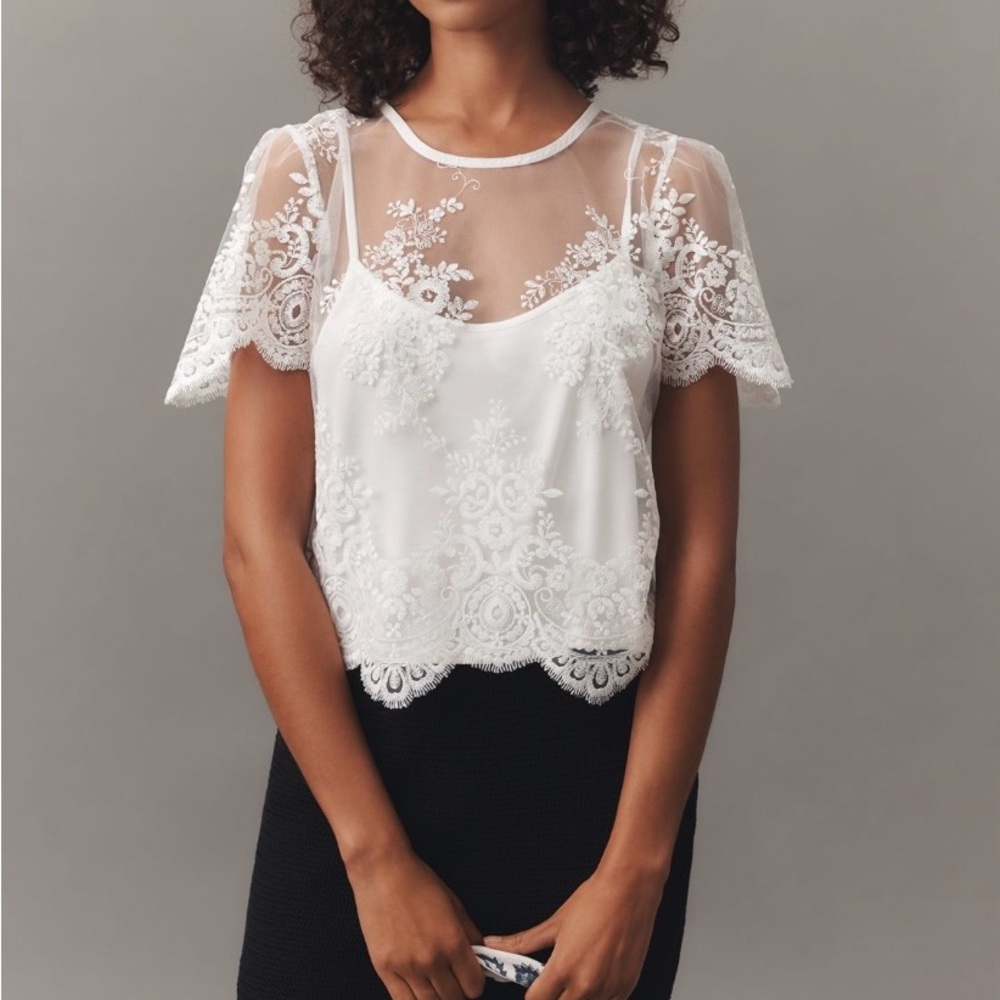 Anthropologie Short Sleeve Sheer Lace Top In-White
